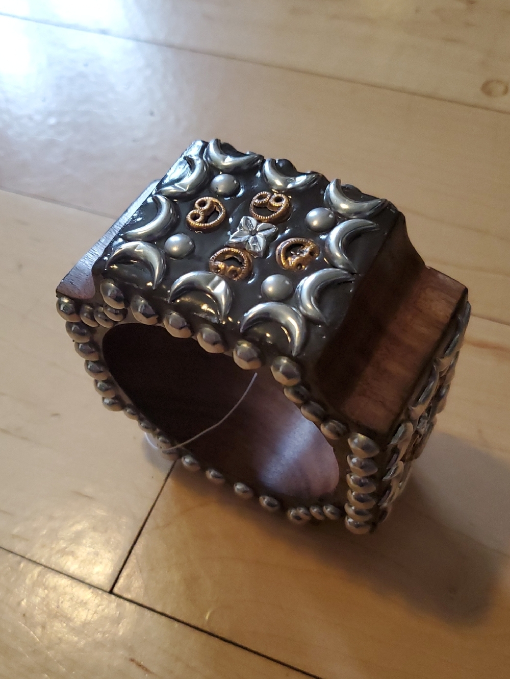 Wood and Metal Stud Cuff Bracelet - Silver & Gold Accents
